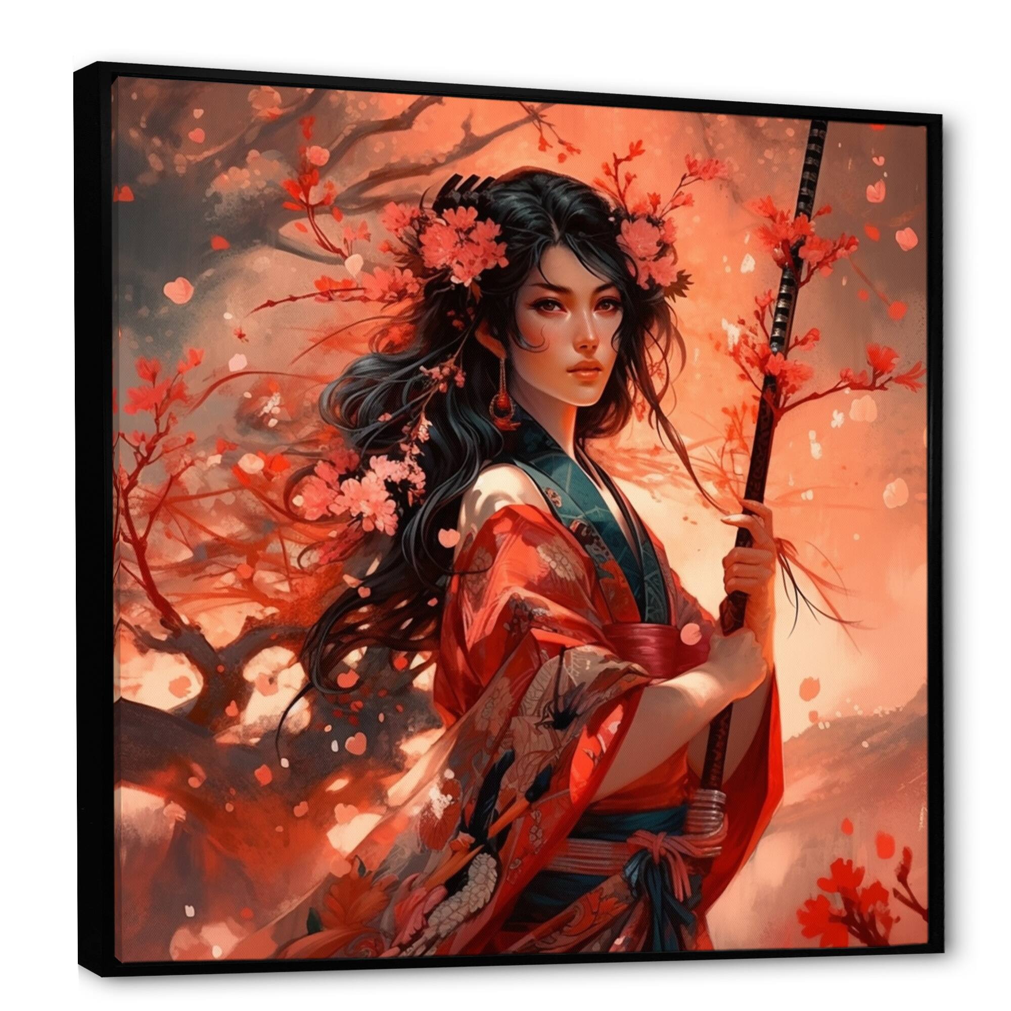 Designart "Samurai Floral Beauty I" Asian Woman Framed Canvas Print